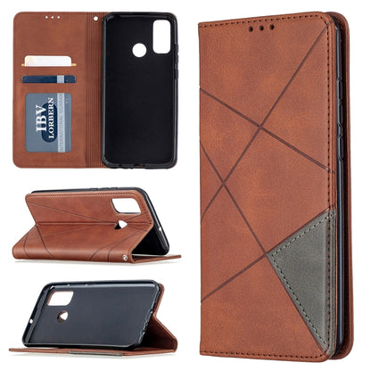 Tan leather flip wallet phone case with geometric pattern, card slots, and magnetic clasp