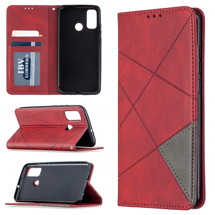 Red leather wallet phone case with magnetic flip, card slots, and diamond prismatic pattern
