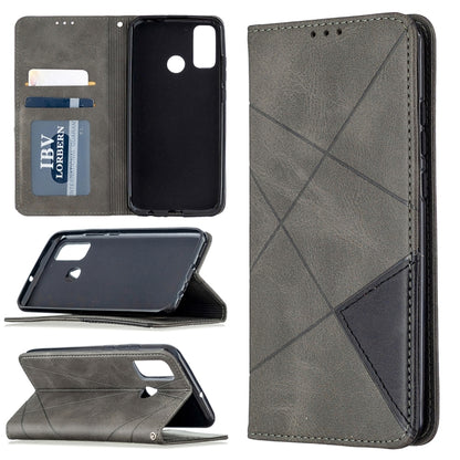 Grey leather wallet phone case with magnetic flip, card slots, and geometric prismatic lines