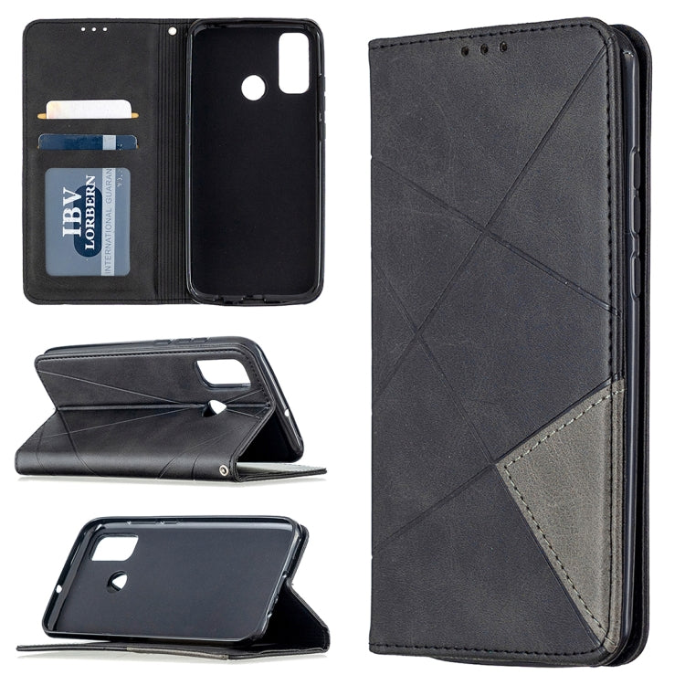 Dark grey leather wallet phone case with magnetic flip and card slots, diamond prismatic pattern