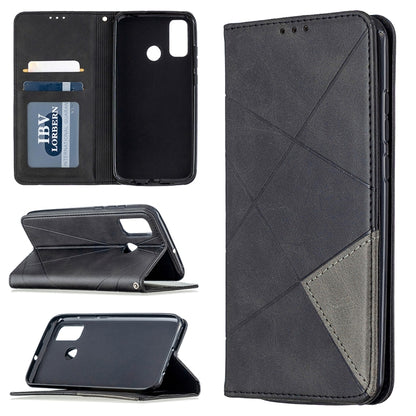 Dark grey leather wallet phone case with magnetic flip and card slots, diamond prismatic pattern