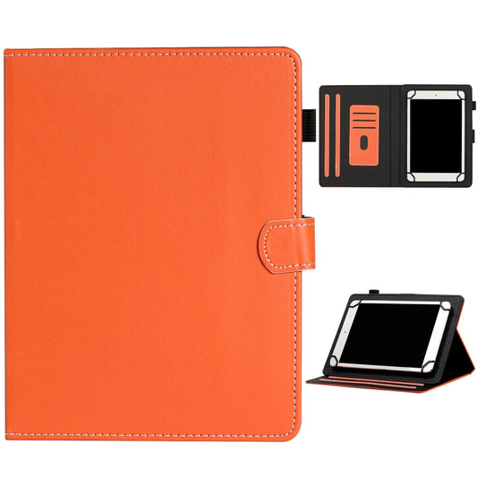 Orange horizontal flip leather case with card slots, holder, and phone stand view