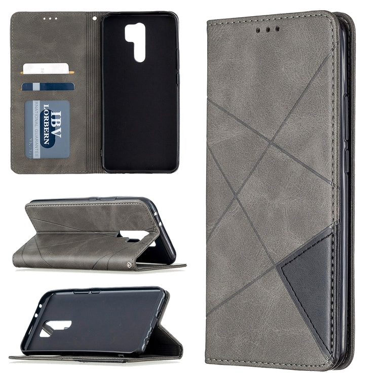 Grey magnetic flip leather phone case with rhombus texture and built-in card holder