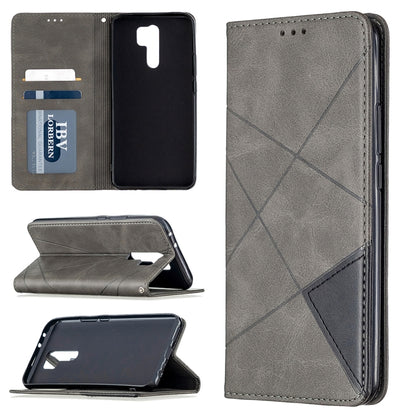 Grey magnetic flip leather phone case with rhombus texture and built-in card holder