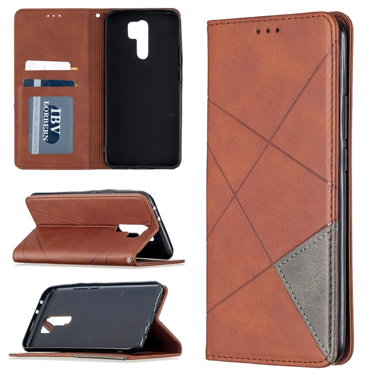 Brown magnetic flip leather phone case with rhombus texture, card slots, and stand