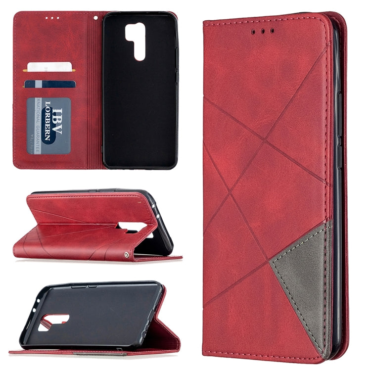 Red magnetic flip leather phone case with rhombus texture, card slots, and stand