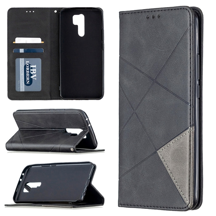 Dark grey magnetic flip leather phone case with rhombus texture, card slots, and stand