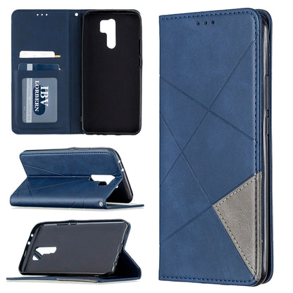 Blue magnetic flip leather phone case with rhombus texture, card slots, and stand