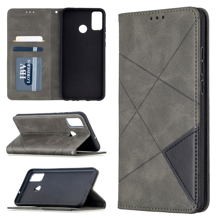 Grey rhombus-texture magnetic leather phone case with card slots and flip cover