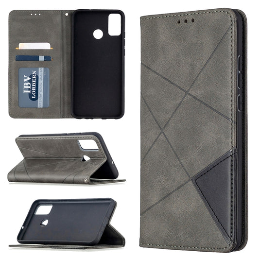 Grey rhombus-texture magnetic leather phone case with card slots and flip cover