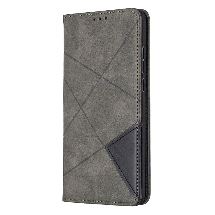 Grey rhombus-texture flip leather phone case with magnetic closure, side view