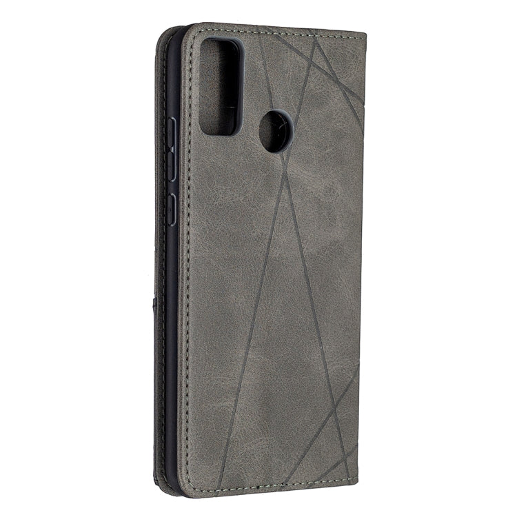 Grey rhombus-texture leather phone case with precise camera and button cutouts