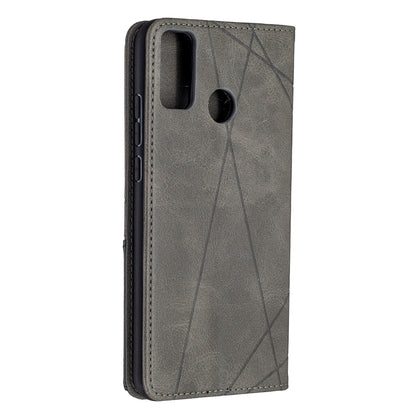 Grey rhombus-texture leather phone case with precise camera and button cutouts
