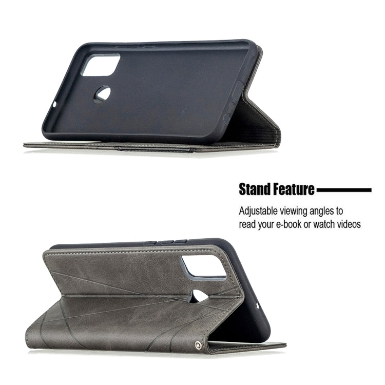 Grey rhombus-texture magnetic leather phone case, flip cover with stand support