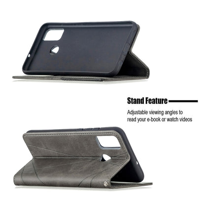 Grey rhombus-texture magnetic leather phone case, flip cover with stand support