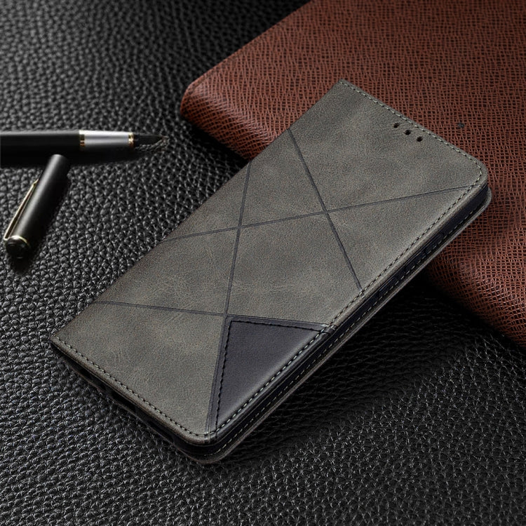 Grey rhombus-texture leather wallet-style phone case with flip cover