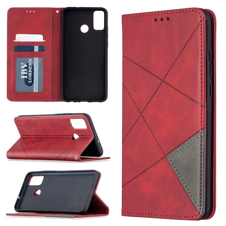 Red rhombus-texture magnetic leather phone case with card slots and flip cover