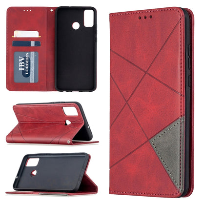 Red rhombus-texture magnetic leather phone case with card slots and flip cover