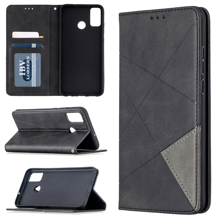 Grey magnetic flip leather phone case with rhombus texture, card slots, and stand