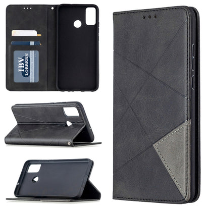 Grey magnetic flip leather phone case with rhombus texture, card slots, and stand