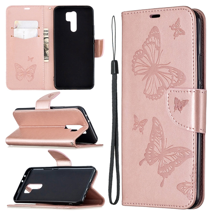 Rose gold leather phone wallet case with embossed butterflies and lanyard strap