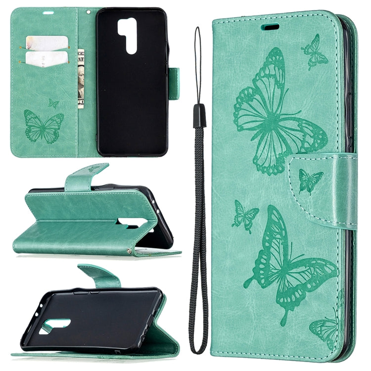 Green leather phone wallet case with embossed butterflies and lanyard strap