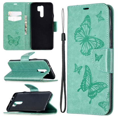 Green leather phone wallet case with embossed butterflies and lanyard strap