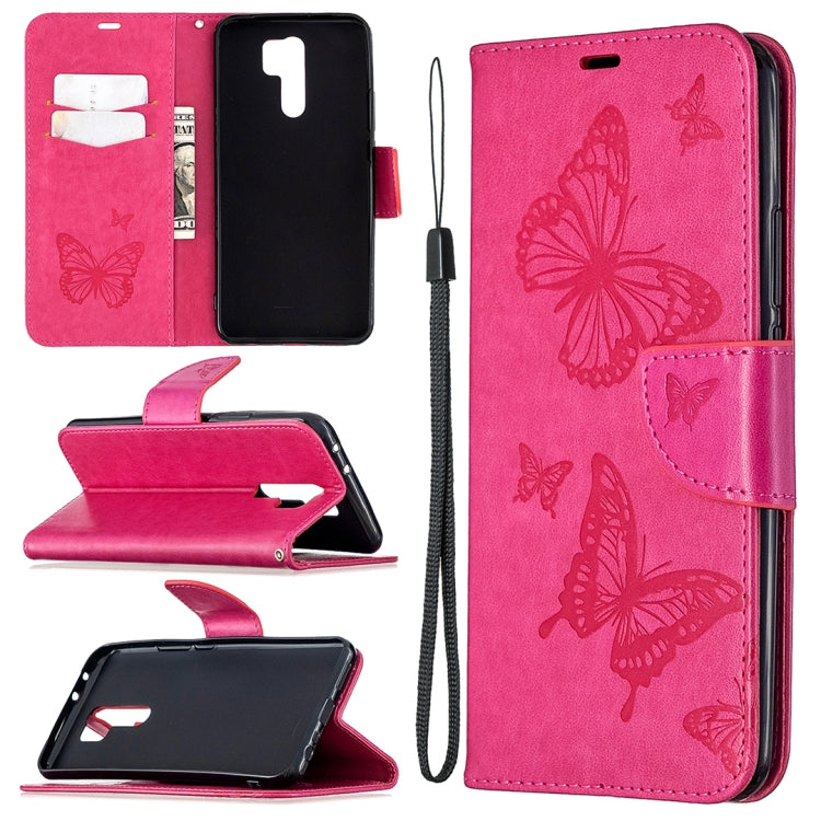 Rose pink butterfly embossed leather phone wallet case with card slot and lanyard holder