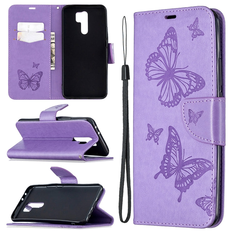 Purple butterfly embossed leather phone wallet case with card slot and lanyard holder