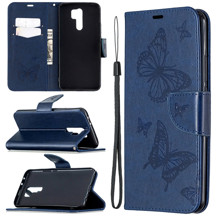 Blue butterfly embossed leather phone wallet case with card slot and lanyard holder