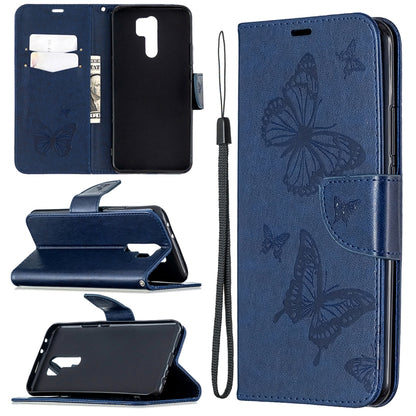 Blue butterfly embossed leather phone wallet case with card slot and lanyard holder