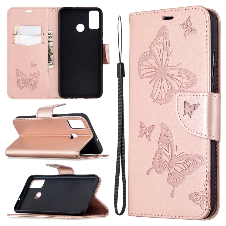 Light pink butterfly embossed leather phone wallet case with card slot and lanyard holder