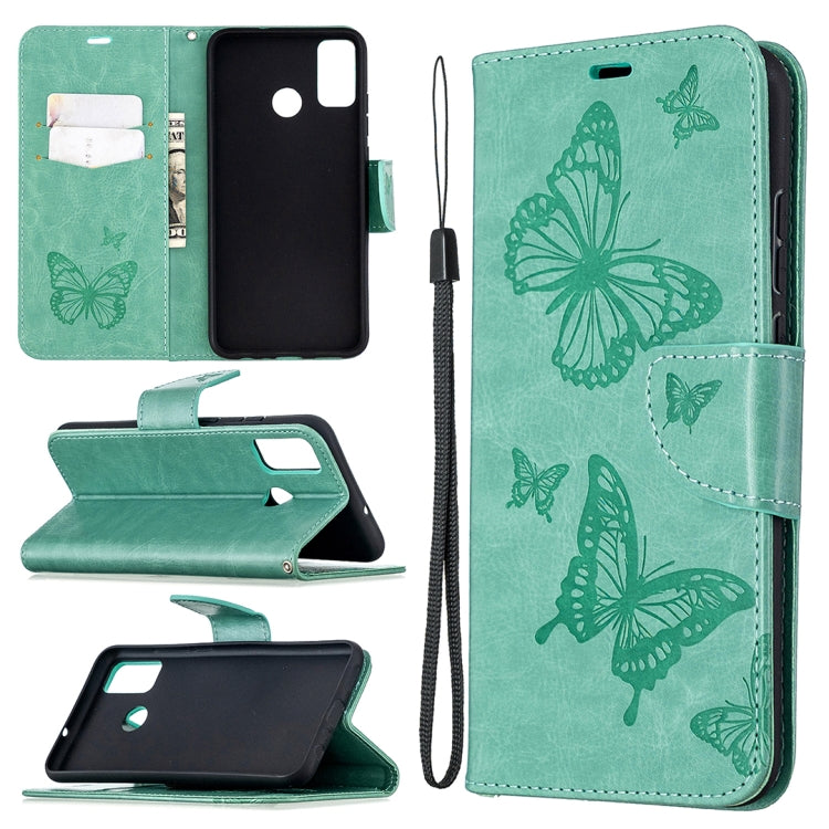 Green butterfly embossed leather phone wallet case with card slot and lanyard holder