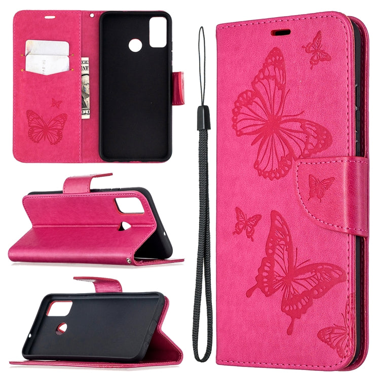 Rose pink leather phone wallet case with embossed butterflies, lanyard strap, card slot