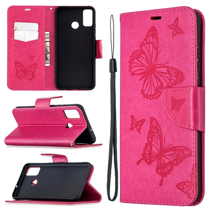 Rose pink leather phone wallet case with embossed butterflies, lanyard strap, card slot