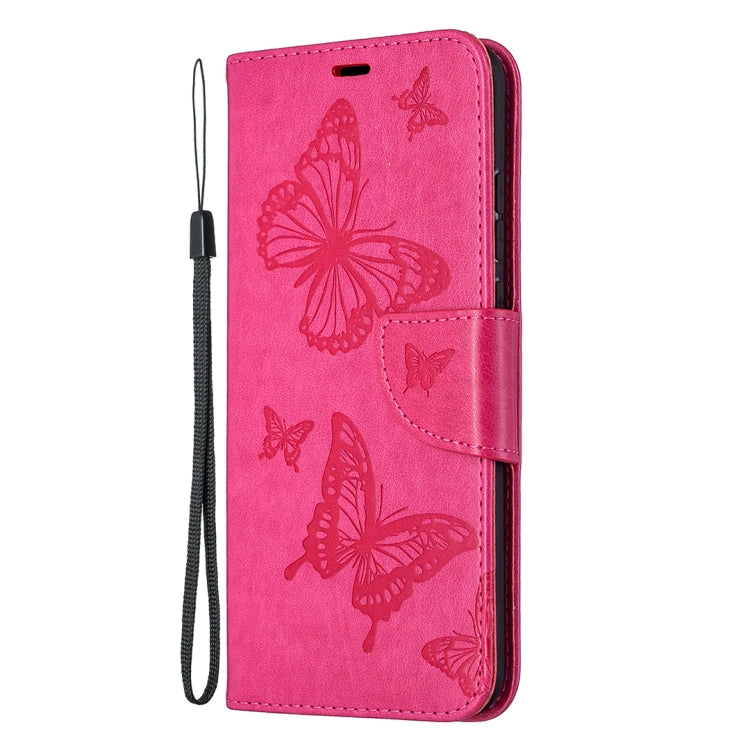 Rose pink leather phone wallet case with embossed butterflies and lanyard strap