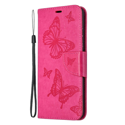 Rose pink leather phone wallet case with embossed butterflies and lanyard strap