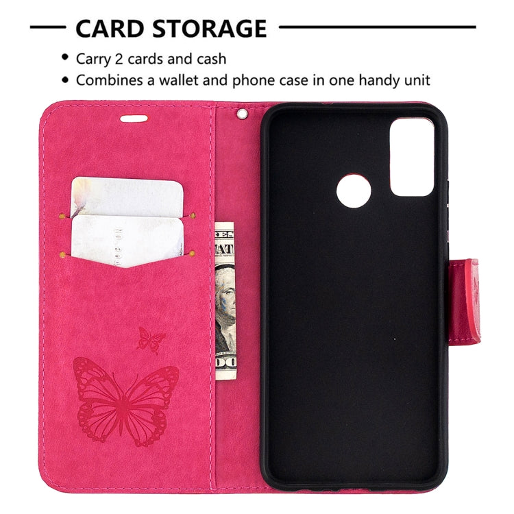 Rose pink leather phone wallet case with 2 card slots, embossed butterflies, lanyard