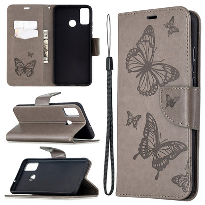Taupe butterfly embossed leather phone wallet case with card slot and lanyard holder