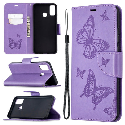 Lavender purple butterfly embossed leather phone wallet case with card slot and lanyard holder