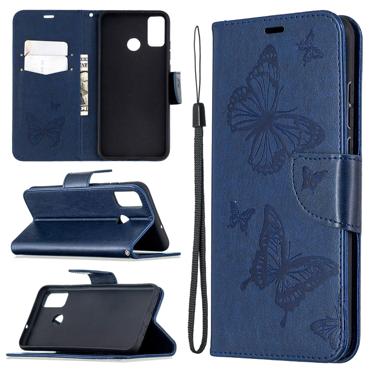 Navy blue butterfly embossed leather phone wallet case with card slot and lanyard holder