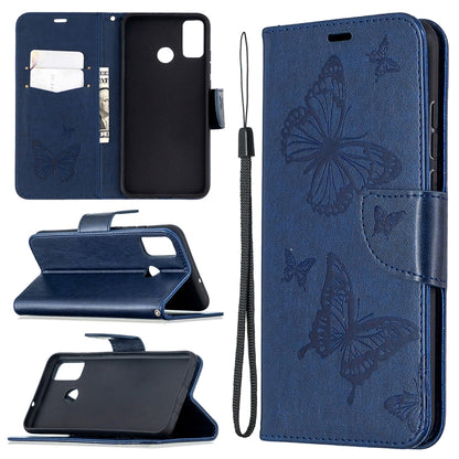 Navy blue butterfly embossed leather phone wallet case with card slot and lanyard holder