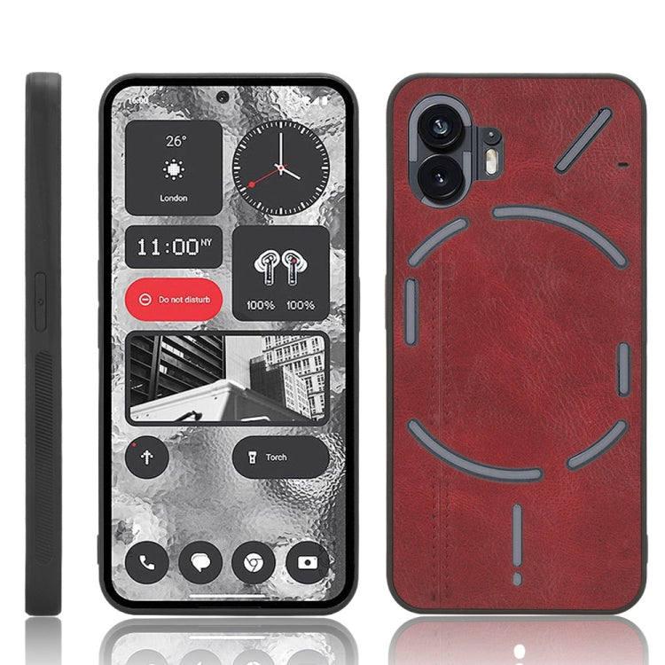 Red textured phone case with circular graphic and dual camera cutouts