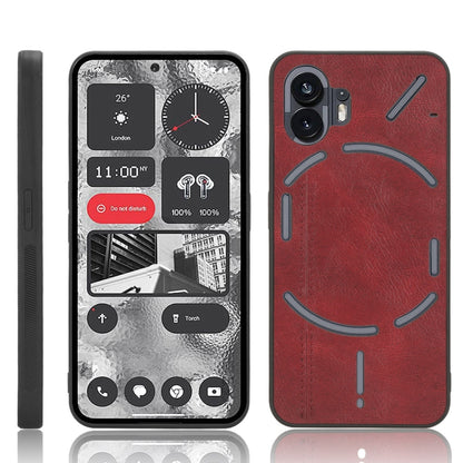 Red textured phone case with circular graphic and dual camera cutouts