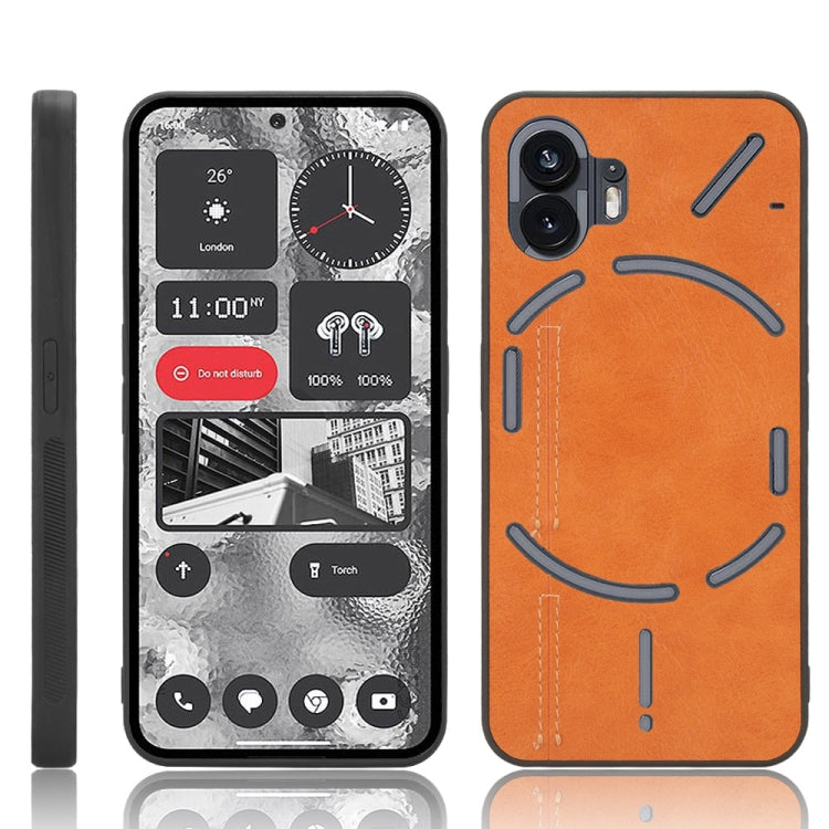 Orange textured phone case with circular graphic and dual camera cutouts