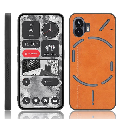Orange textured phone case with circular graphic and dual camera cutouts