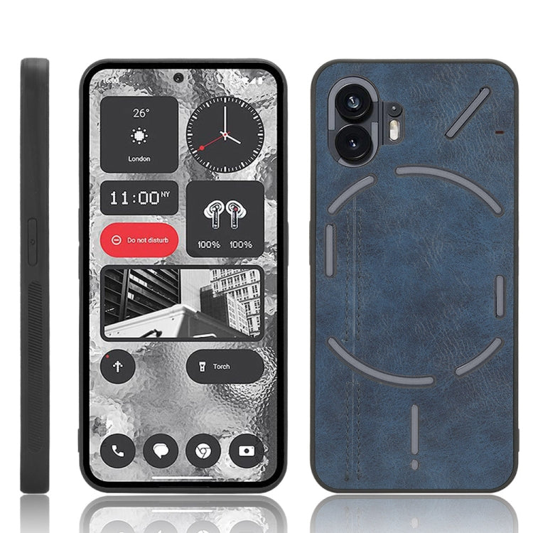 Blue textured phone case with circular graphic and dual camera cutouts