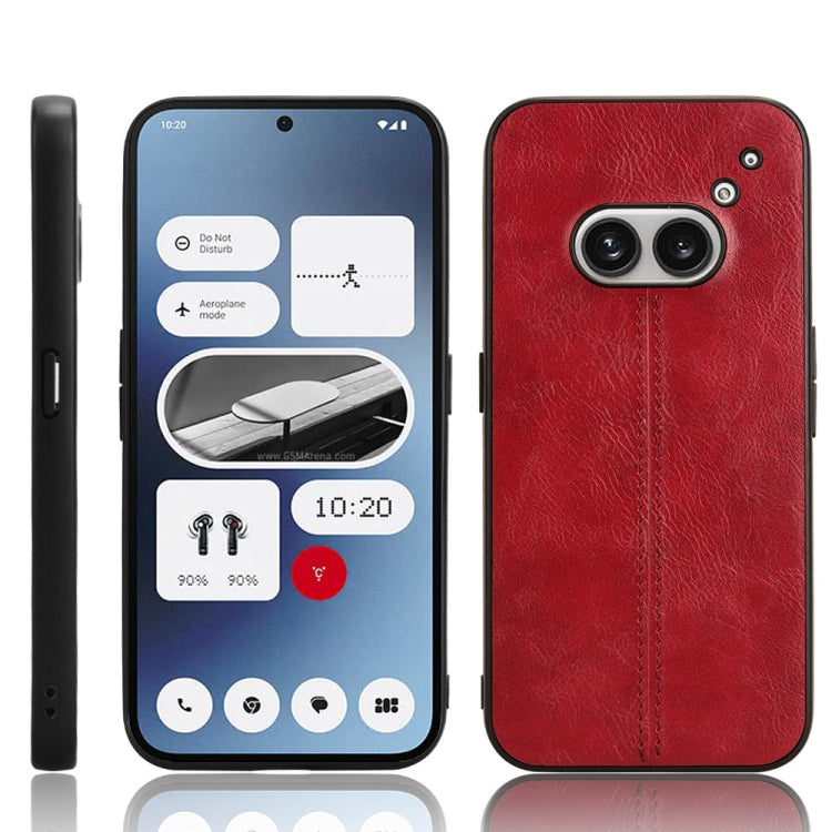 Red textured phone case with stitched vertical seam and dual camera cutouts