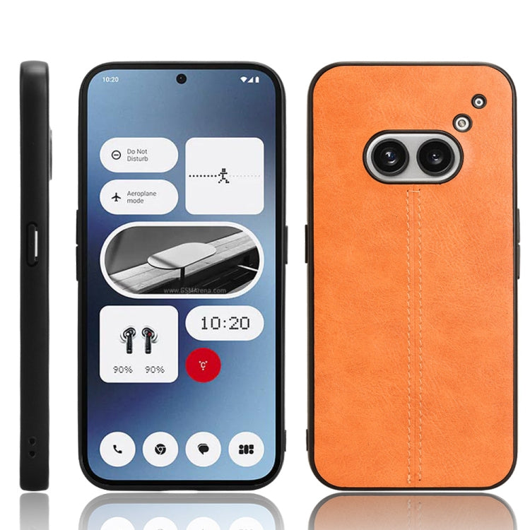 Orange textured phone case with stitched vertical seam and dual camera cutouts