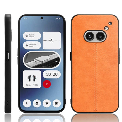 Orange textured phone case with stitched vertical seam and dual camera cutouts